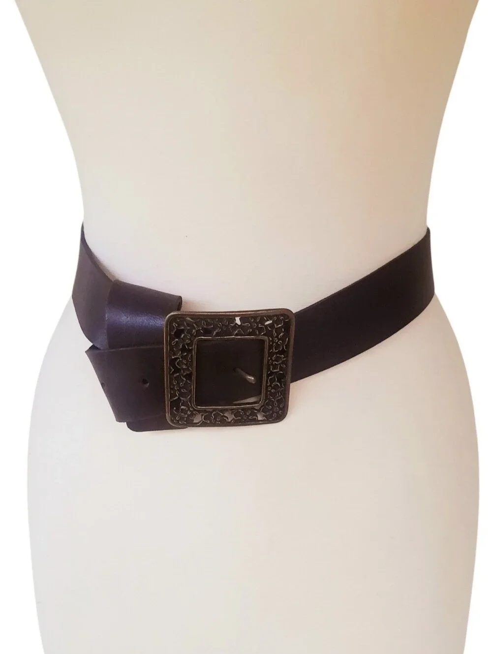 Vtg MAURICES Brown Wide Leather Belt w/Antique Brass Square Filigree Buckle Sz L